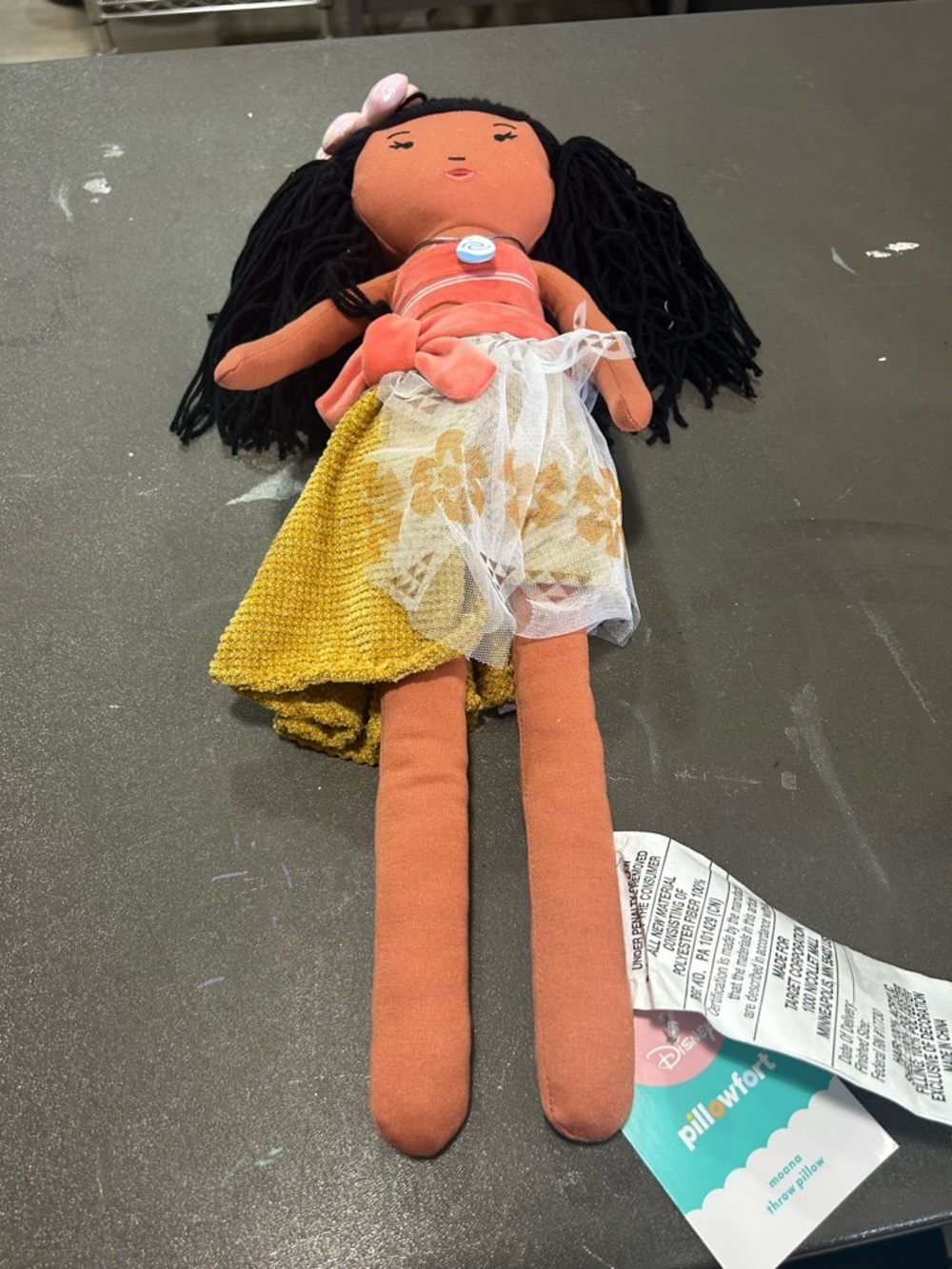 Disney Pillowfort Coral & Yellow Floral Tulle Doll with Black Yarn Hair